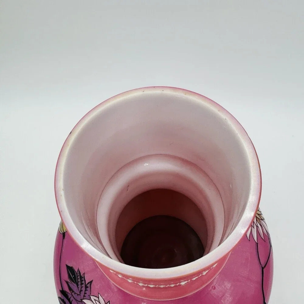 Victorian Aesthetic Pink Opaline Glass Vase Roosters Fighting Daisies Large Rare